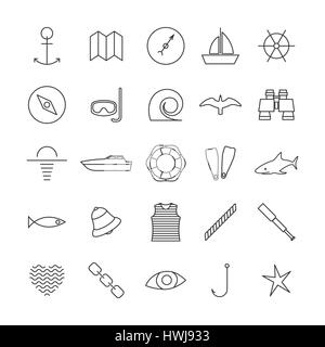 Définir les grandes lignes d'icônes de milles marins des lignes fines, isolé sur fond blanc. Éléments de conception des éléments de navigation maritime, vector illustration. Illustration de Vecteur