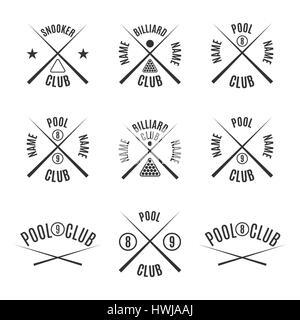 Série de 9 différents types d'emblèmes billard, pool, snooker, isolé sur fond blanc dans un style rétro, vector illustration. Illustration de Vecteur