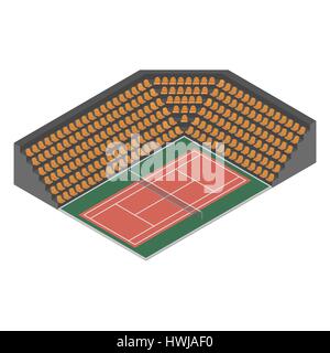 Tennis extérieur avec des gradins pour les spectateurs, isolé sur fond blanc. Télévision 3D isométrique, style vector illustration. Illustration de Vecteur