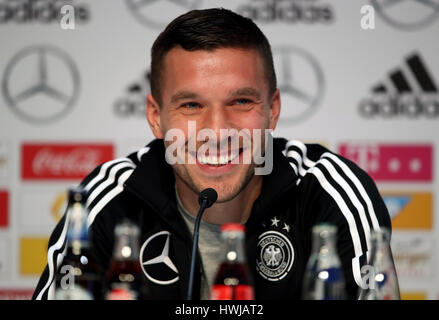 Lukas Podolski en Allemagne lors d'une conférence de presse au DFB football Museum, Dortmund en Allemagne. Banque D'Images