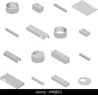 Grand ensemble de produits en béton fer vue isométrique, isolé sur fond blanc. Des éléments de design pour la construction et la reconstruction, vector illust Illustration de Vecteur