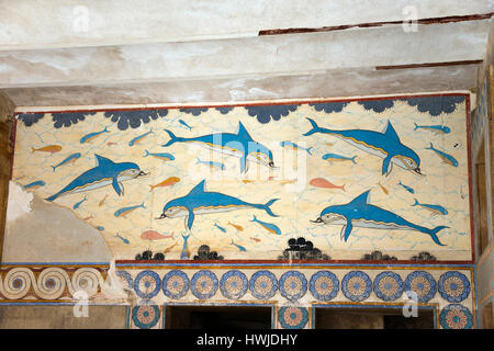 Peinture murale fresques, des dauphins, Palais de la civilisation minoenne, Knossos, Crète, Grèce Banque D'Images