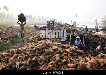 Un travailleur de prendre les écorces de noix de coco [couche externe de la peau enlevée] à l'usine de coco. Banque D'Images