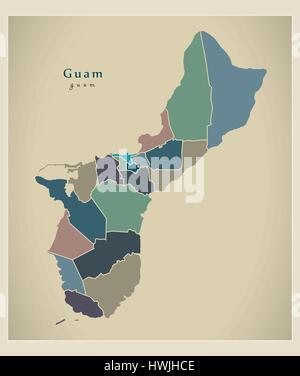 Carte moderne - Guam avec les districts de couleur politique GU Illustration de Vecteur