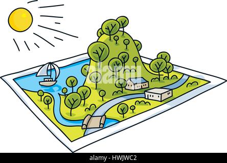 Paysage d'une caricature s'élève à une carte postale. Illustration de Vecteur