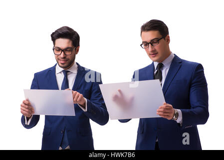 Deux hommes d'affaires avec des comprimés isolated on white Banque D'Images