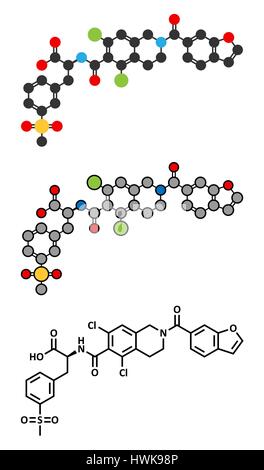 Lifitegrast molécule pharmaceutique. Les rendus 2D stylisée et conventionnelle formule topologique. Utilisé dans le traitement de la kératoconjonctivite sèche. Illustration de Vecteur