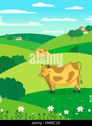 Vaches sur Prairie. Illustration de Vecteur