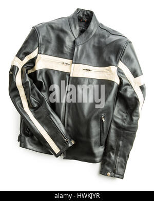 Blouson moto cuir isolé sur fond blanc. Banque D'Images