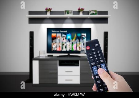 VOD vidéo à la demande de service dans la télévision. Regarder la télévision accueil cinéma télé HD Concept Banque D'Images
