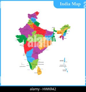 La carte détaillée de l'Inde avec les régions ou États et villes, capitales et au Sri Lanka Illustration de Vecteur