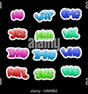 Icônes d'autocollant avec texture demi-teinte. Un ensemble d'abréviations, des réductions de phrases d'argot pour réseaux sociaux et messagers Illustration de Vecteur