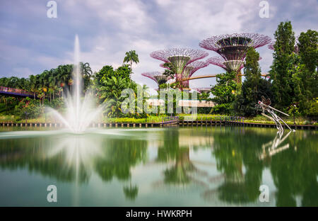 Lac de libellules, avec fontaine et Supertree Grove dans les jardins, près de la baie, à Singapour. Banque D'Images
