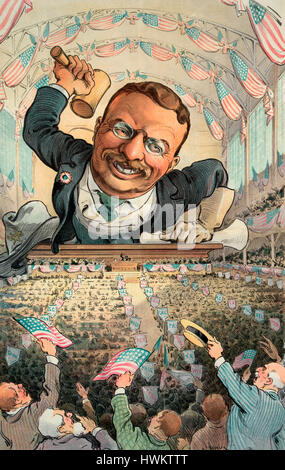 Chicago, 21 juin 1904 - 'tous en faveur de la nomination va dire oui !" L'illustration montre l'intérieur de la salle du congrès, avec une immense Theodore Roosevelt se penchant en avant sur un podium, tenant un marteau dans sa main droite, au premier plan sont les délégués présents à la Convention nationale du parti républicain, le 21 juin 1904, à Chicago, Illinois. Banque D'Images