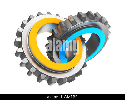 3d illustration de deux roues d'engrenages en bleu et orange Banque D'Images