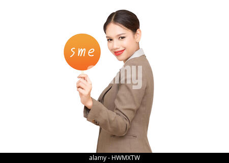 Businessgirl holding contact card with SME message Banque D'Images