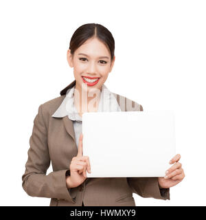 Businesswoman holding un tableau blanc .isolated on white Banque D'Images