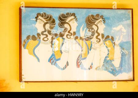 Grèce, Crète, Héraklion, l'Archeological site minoen de Knossos, Mesdames en bleu fresco Banque D'Images