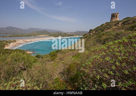 Italie, Sardaigne, Park-Villasimius, Porto Giunco, Torre di Porto, Guiunco tour nuragiques Banque D'Images