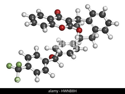 Rodenticide flocoumafène (molécule antagoniste de la vitamine K). Le rendu 3D. Les atomes sont représentés comme des sphères avec codage couleur classiques : l'hydrogène (whit Banque D'Images