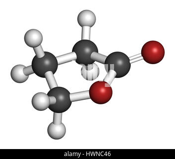 Le gamma-butyrolactone (GBL) molécule de solvant. Utilisé comme forme de prodrogue le GHB (gamma-hydroxy butyrique). Le rendu 3D. Les atomes sont représentés comme des sphères wi Banque D'Images