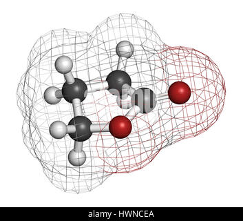Le gamma-butyrolactone (GBL) molécule de solvant. Utilisé comme forme de prodrogue le GHB (gamma-hydroxy butyrique). Le rendu 3D. Les atomes sont représentés comme des sphères wi Banque D'Images