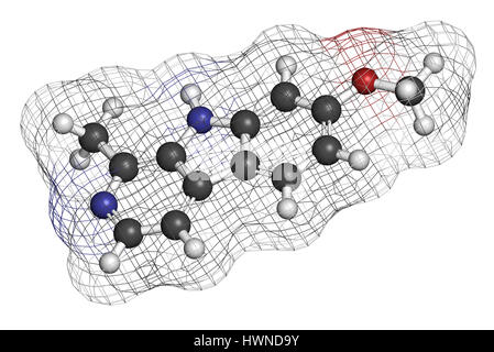 Molécule alcaloïde harmine. Inhibiteur de l'oxydase de monoamine de fines herbes A. (MAO-A). Le rendu 3D. Les atomes sont représentés comme des sphères de couleur classiques Banque D'Images