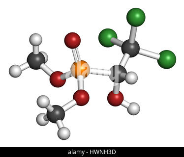 Le trichlorfon (métrifonate) molécule insecticide. Le rendu 3D. Les atomes sont représentés comme des sphères classiques avec codage couleur : blanc (hydrogène), carbo Banque D'Images