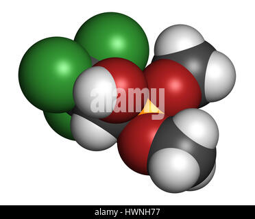 Le trichlorfon (métrifonate) molécule insecticide. Le rendu 3D. Les atomes sont représentés comme des sphères classiques avec codage couleur : blanc (hydrogène), carbo Banque D'Images