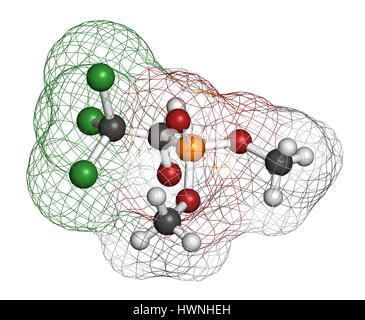 Le trichlorfon (métrifonate) molécule insecticide. Le rendu 3D. Les atomes sont représentés comme des sphères classiques avec codage couleur : blanc (hydrogène), carbo Banque D'Images