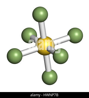 Hexafluorure de soufre isolant gaz molécule. Des microbulles sont utilisés comme agent de contraste pour échographie. Puissant gaz à effet de serre. Le rendu 3D. Les atomes Banque D'Images