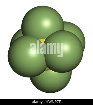 Hexafluorure de soufre isolant gaz molécule. Des microbulles sont utilisés comme agent de contraste pour échographie. Puissant gaz à effet de serre. Le rendu 3D. Les atomes Banque D'Images