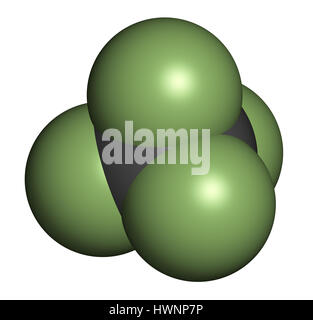 Le tétrafluorure de carbone tétrafluorométhane (CF4), molécule de gaz à effet de serre. Le rendu 3D. Les atomes sont représentés comme des sphères classiques avec codage couleur : Banque D'Images