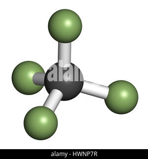 Le tétrafluorure de carbone tétrafluorométhane (CF4), molécule de gaz à effet de serre. Le rendu 3D. Les atomes sont représentés comme des sphères classiques avec codage couleur : Banque D'Images