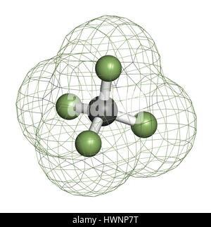 Le tétrafluorure de carbone tétrafluorométhane (CF4), molécule de gaz à effet de serre. Le rendu 3D. Les atomes sont représentés comme des sphères classiques avec codage couleur : Banque D'Images