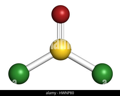 (Chlorure de thionyle SOCl2) réactif chimique, molécule. Le rendu 3D. Les atomes sont représentés comme des sphères classiques avec codage couleur : jaune (soufre), ox Banque D'Images