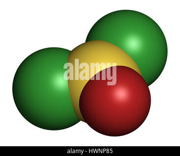 (Chlorure de thionyle SOCl2) réactif chimique, molécule. Le rendu 3D. Les atomes sont représentés comme des sphères classiques avec codage couleur : jaune (soufre), ox Banque D'Images