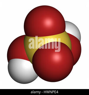 L'acide sulfurique (H2SO4) molécule d'acide minéral fort. Le rendu 3D. Les atomes sont représentés comme des sphères classiques avec codage couleur : blanc (hydrogène), o Banque D'Images