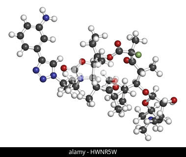 Antibiotique solithromycine molécule pharmaceutique. Le rendu 3D. Les atomes sont représentés comme des sphères classiques avec codage couleur : blanc (hydrogène), carbone (gris) Banque D'Images