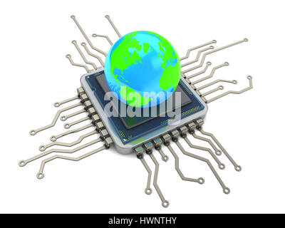 Illustration 3d de la puce d'ordinateur et earth globe over white background Banque D'Images