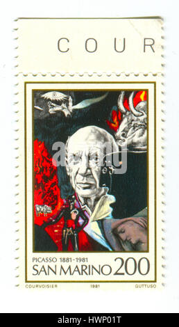 GOMEL, BÉLARUS, 21 mars 2017, de timbres en Saint-marin montre l'image de Pablo Ruiz y Picasso, également connu sous le nom de Pablo Picasso, était un peintre espagnol Banque D'Images