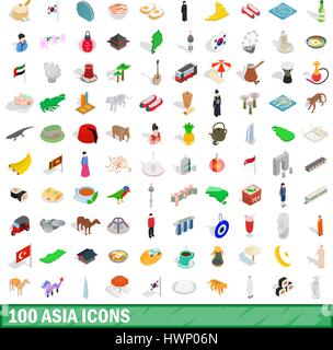 100 Asie icons set, style 3D isométrique Illustration de Vecteur