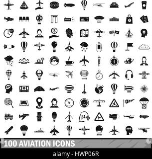 Aviation 100 icons set, le style simple Illustration de Vecteur