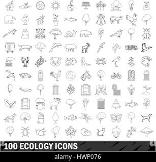 L'écologie 100 icons set style du contour, Illustration de Vecteur