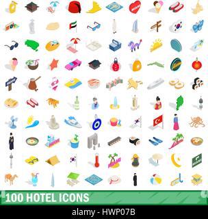 100 hotel icons set, style 3D isométrique Illustration de Vecteur