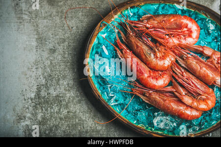 Crevettes rouge non cuite brutes sur glace ébréchée, fond de béton gris Banque D'Images