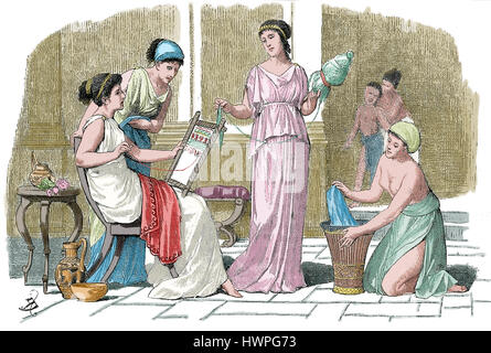 La Grèce antique. Gravure de l'Athenian les femmes à la maison. Gravure, 1879. La couleur. Banque D'Images