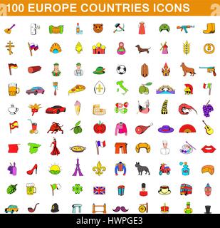 100 pays europe icons set, cartoon style Illustration de Vecteur