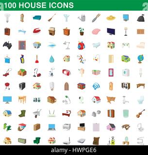 100 Chambre icons set, cartoon style Illustration de Vecteur