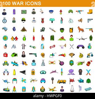 La guerre 100 icons set, cartoon style Illustration de Vecteur